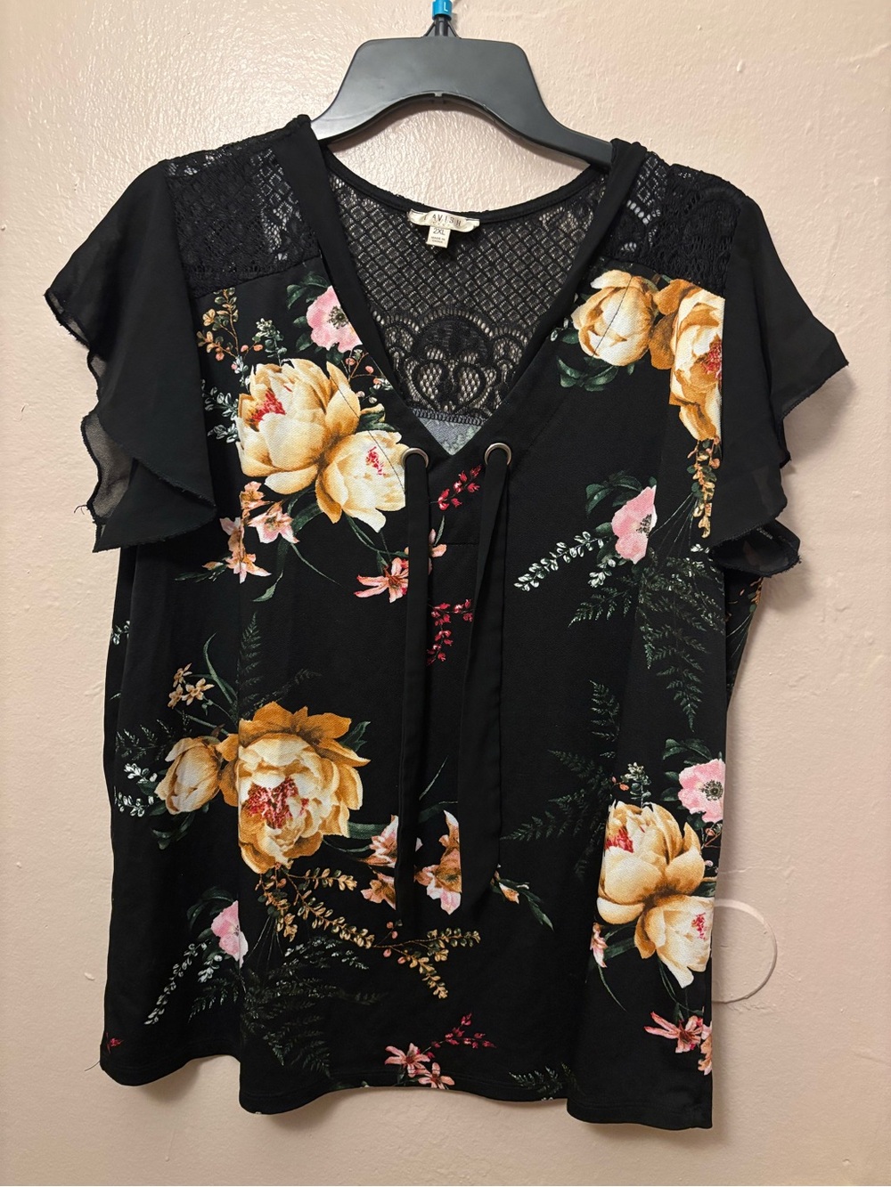 Black Floral Lace-Trim V-Neck Blouse